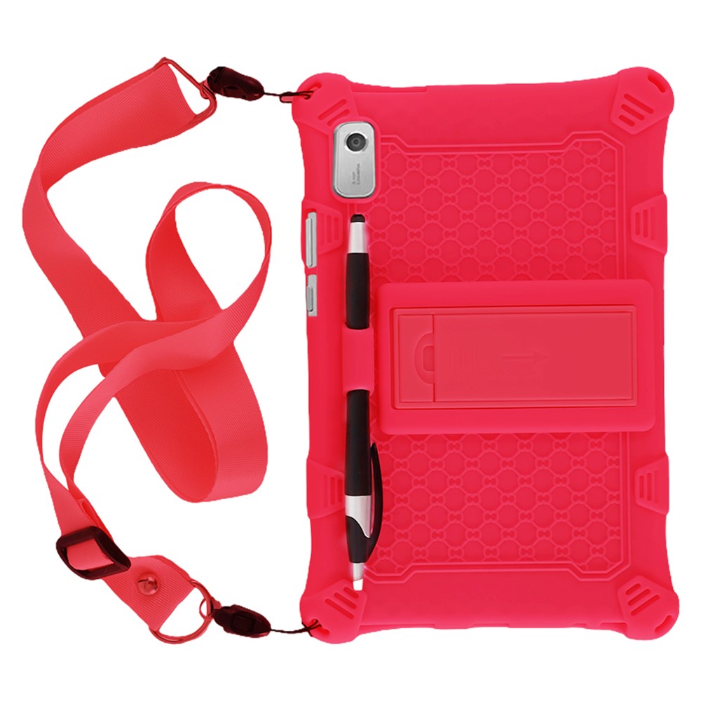 For Lenovo Tab M9 310FU Retro Texture Tablet Silicone Case Kickstand Tablet Cover with Lanyard - Red