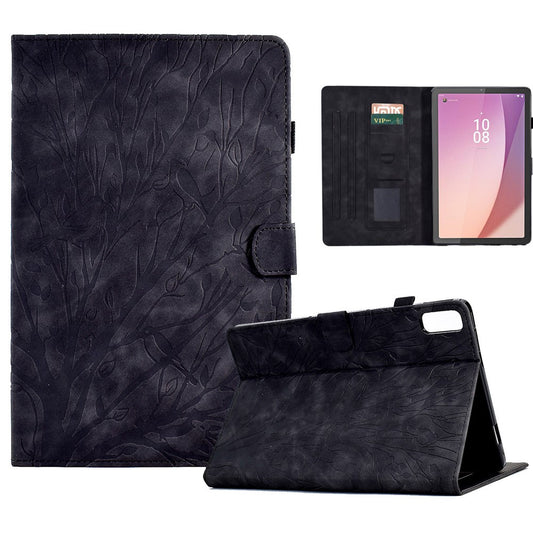 Tree Imprinted Leather Cover for Lenovo Tab M9 TB-310FU Anti-Drop Protective Case with Card Slot - Black