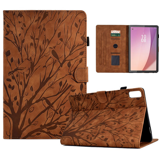 Tree Imprinted Leather Cover for Lenovo Tab M9 TB-310FU Anti-Drop Protective Case with Card Slot - Brown
