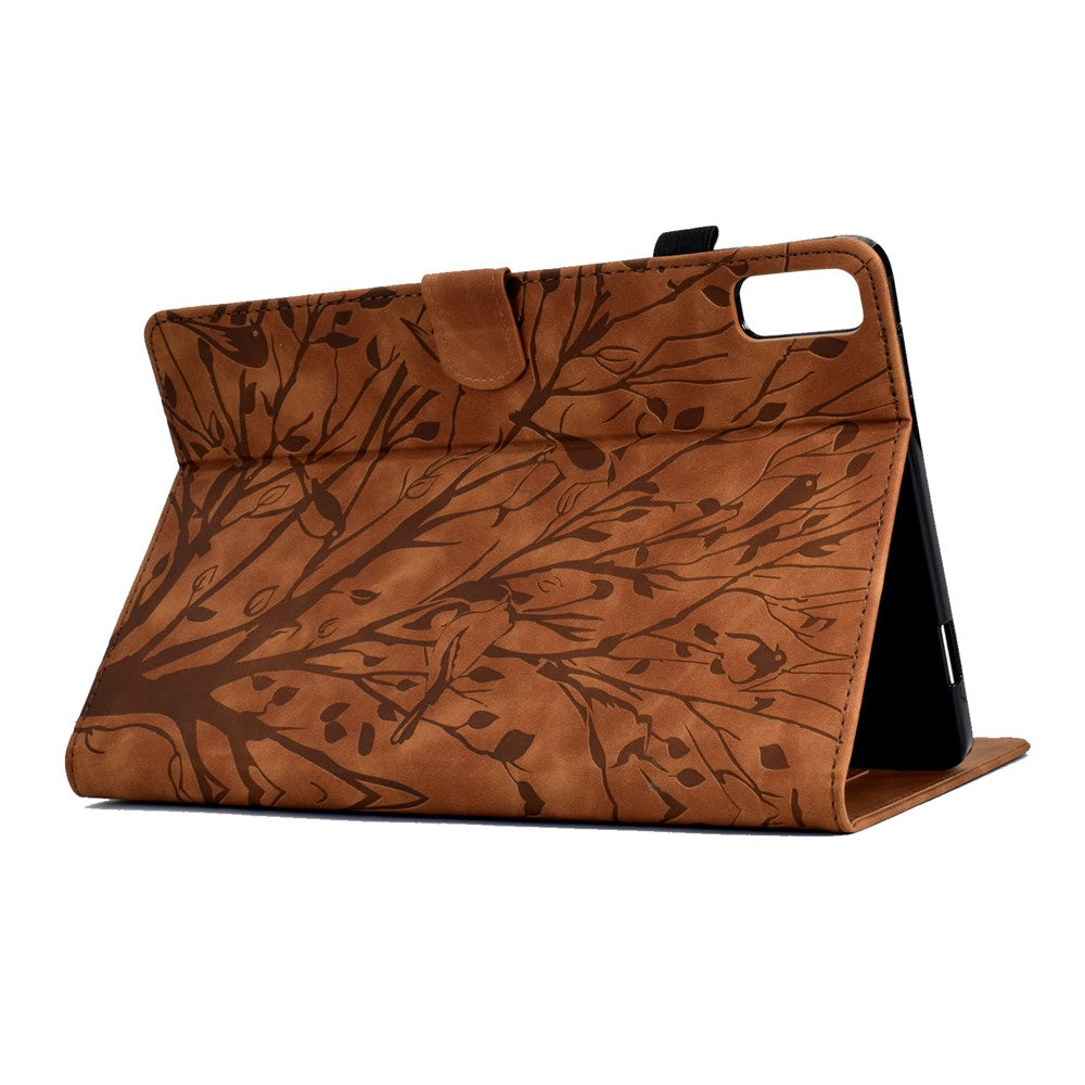 Tree Imprinted Leather Cover for Lenovo Tab M9 TB-310FU Anti-Drop Protective Case with Card Slot - Brown