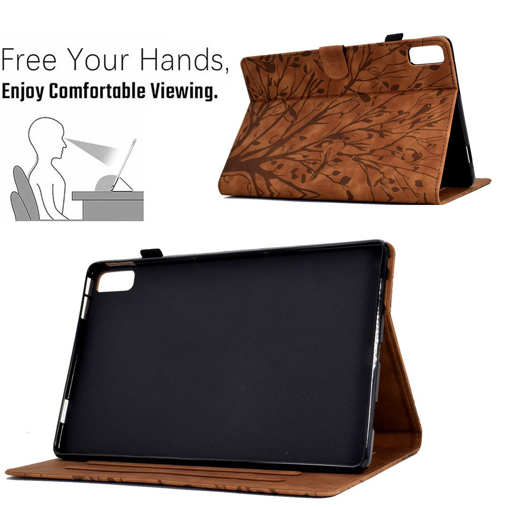 Tree Imprinted Leather Cover for Lenovo Tab M9 TB-310FU Anti-Drop Protective Case with Card Slot - Brown