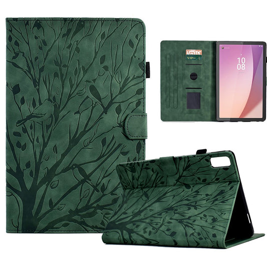 Tree Imprinted Leather Cover for Lenovo Tab M9 TB-310FU Anti-Drop Protective Case with Card Slot - Green