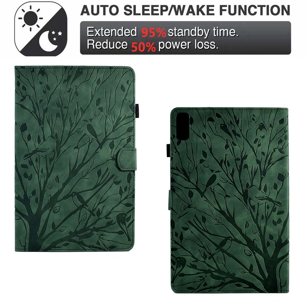 Tree Imprinted Leather Cover for Lenovo Tab M9 TB-310FU Anti-Drop Protective Case with Card Slot - Green