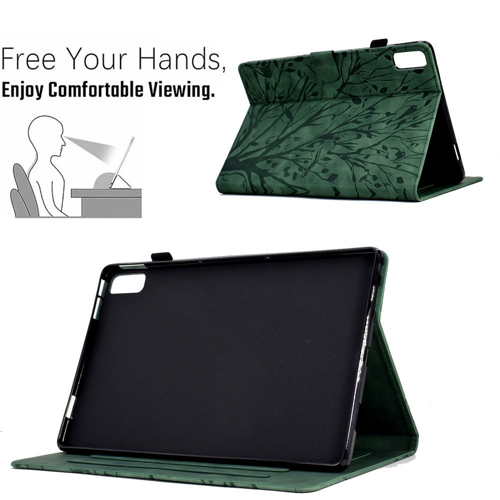 Tree Imprinted Leather Cover for Lenovo Tab M9 TB-310FU Anti-Drop Protective Case with Card Slot - Green