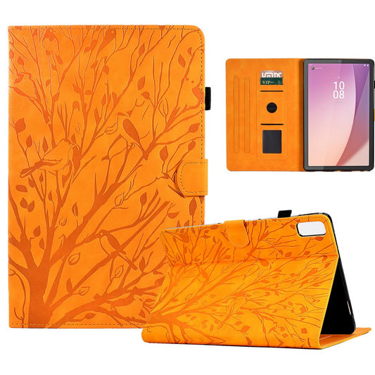 Tree Imprinted Leather Cover for Lenovo Tab M9 TB-310FU Anti-Drop Protective Case with Card Slot - Khaki