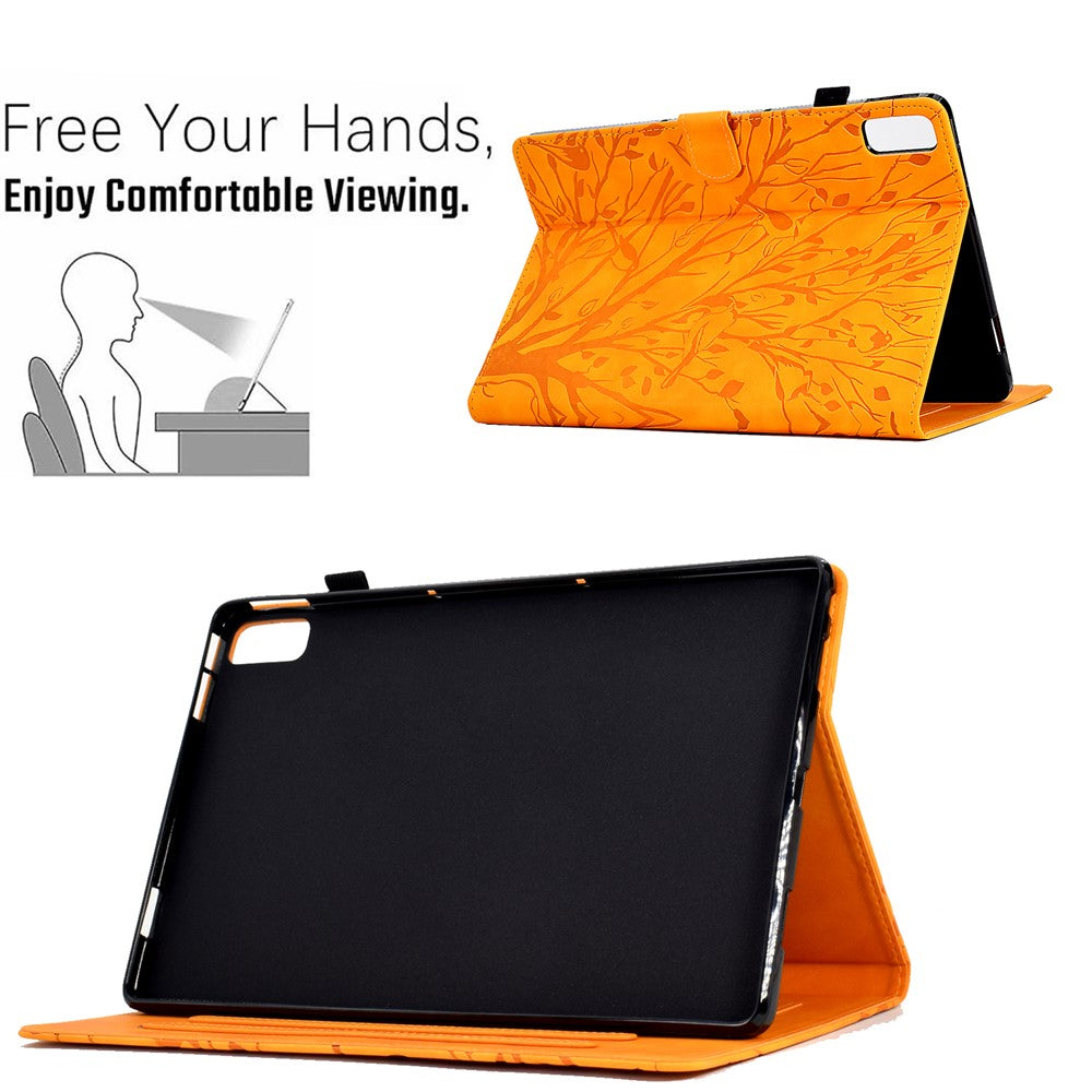 Tree Imprinted Leather Cover for Lenovo Tab M9 TB-310FU Anti-Drop Protective Case with Card Slot - Khaki