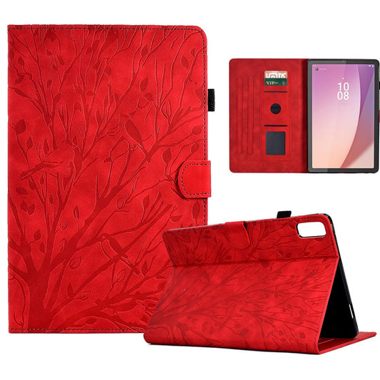 Tree Imprinted Leather Cover for Lenovo Tab M9 TB-310FU Anti-Drop Protective Case with Card Slot - Red