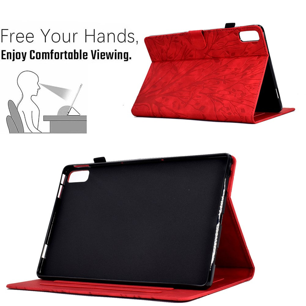 Tree Imprinted Leather Cover for Lenovo Tab M9 TB-310FU Anti-Drop Protective Case with Card Slot - Red