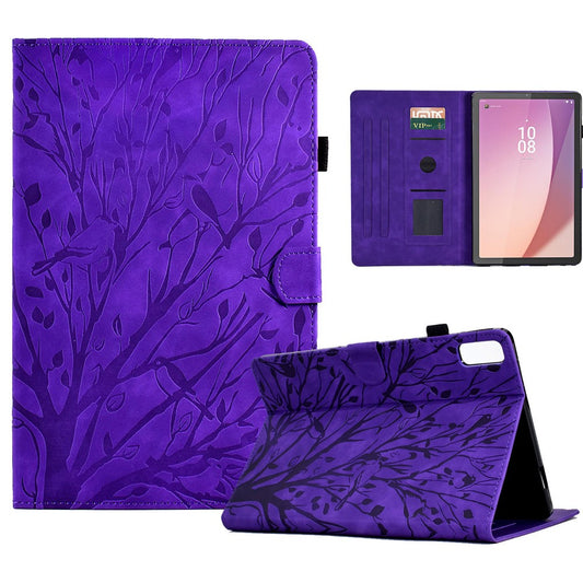Tree Imprinted Leather Cover for Lenovo Tab M9 TB-310FU Anti-Drop Protective Case with Card Slot - Purple