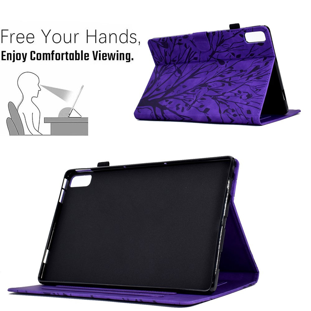 Tree Imprinted Leather Cover for Lenovo Tab M9 TB-310FU Anti-Drop Protective Case with Card Slot - Purple