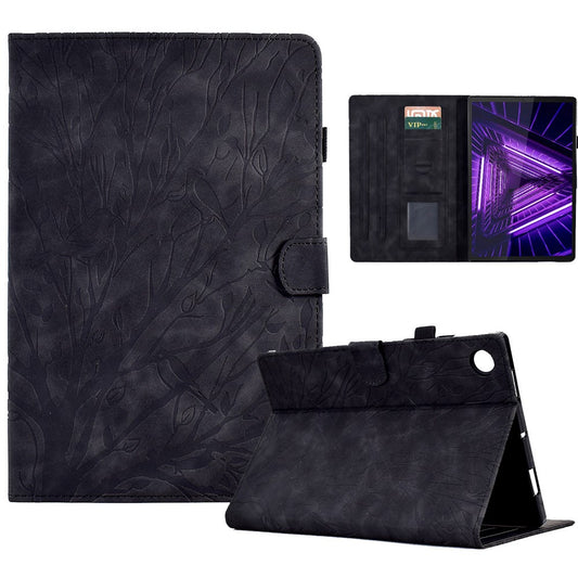 Shockproof Leather Cover for Lenovo Tab M10 Plus TB-X606F Tree Imprinted Tablet Case with Card Slot - Black