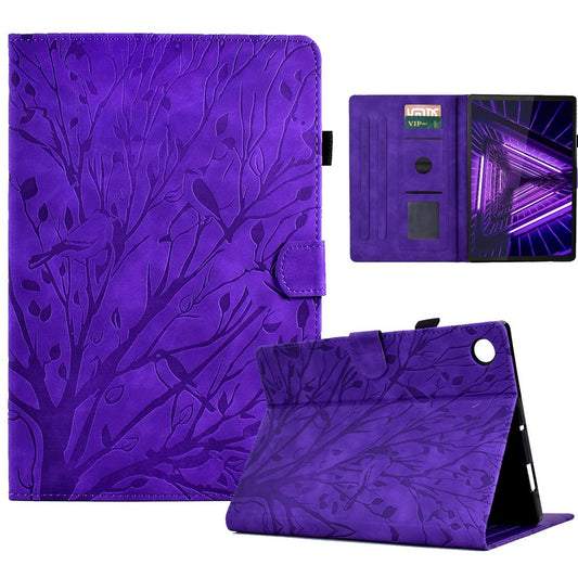 Shockproof Leather Cover for Lenovo Tab M10 Plus TB-X606F Tree Imprinted Tablet Case with Card Slot - Purple