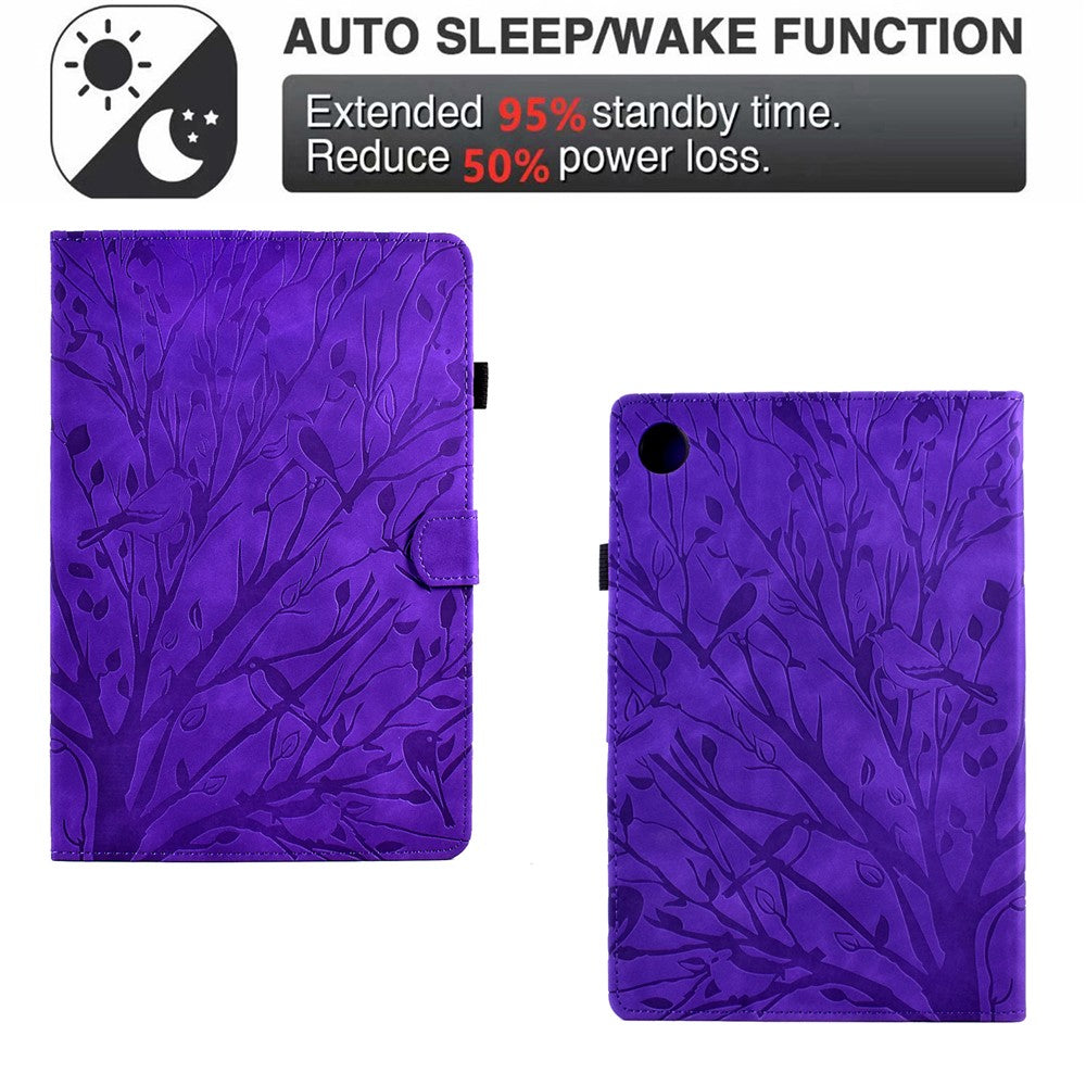 Shockproof Leather Cover for Lenovo Tab M10 Plus TB-X606F Tree Imprinted Tablet Case with Card Slot - Purple