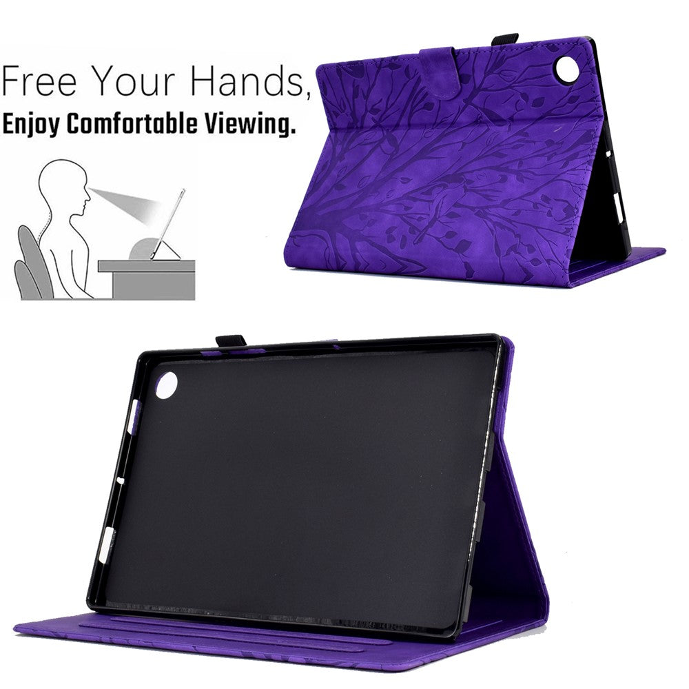 Shockproof Leather Cover for Lenovo Tab M10 Plus TB-X606F Tree Imprinted Tablet Case with Card Slot - Purple