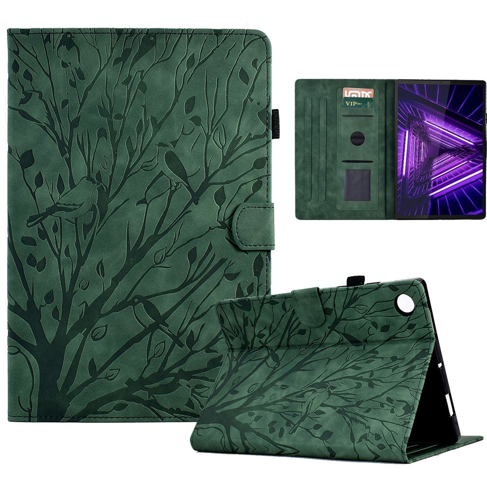 Shockproof Leather Cover for Lenovo Tab M10 Plus TB-X606F Tree Imprinted Tablet Case with Card Slot - Green