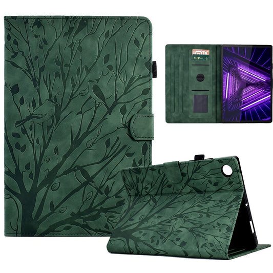 Shockproof Leather Cover for Lenovo Tab M10 Plus TB-X606F Tree Imprinted Tablet Case with Card Slot - Green