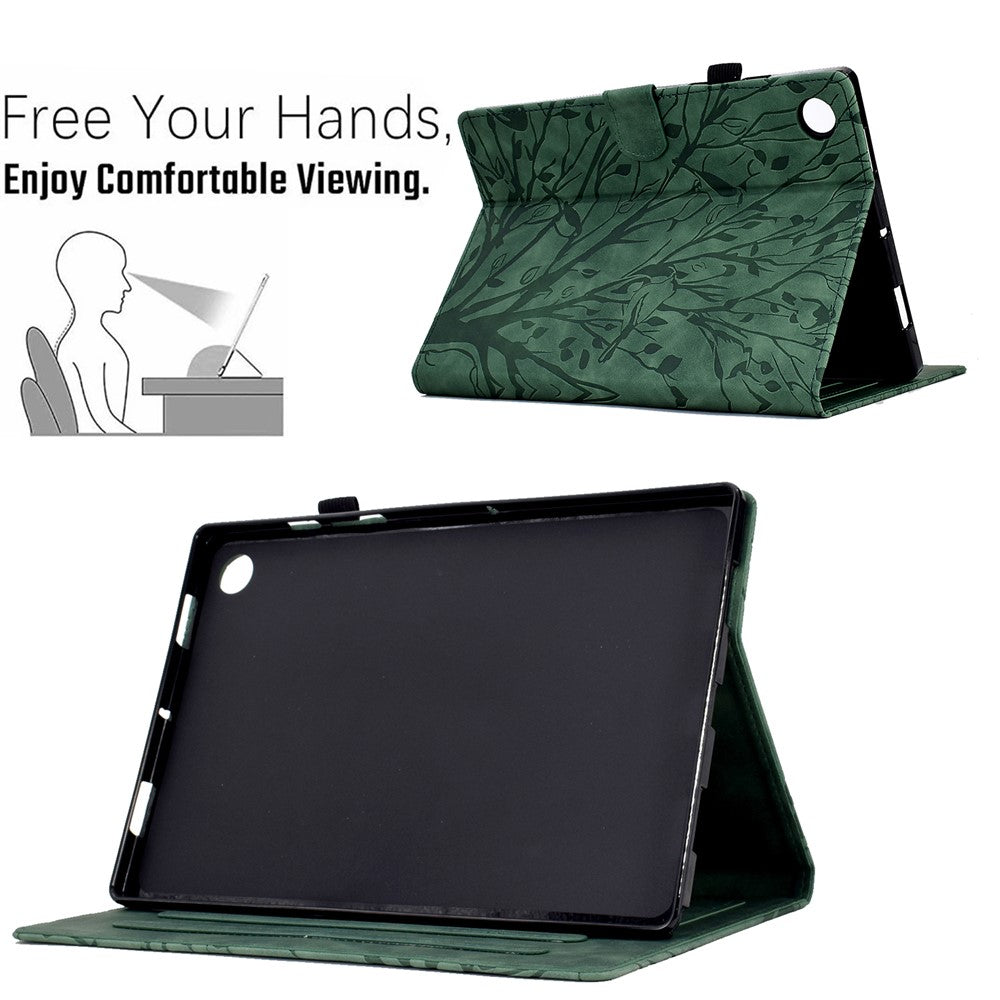 Shockproof Leather Cover for Lenovo Tab M10 Plus TB-X606F Tree Imprinted Tablet Case with Card Slot - Green