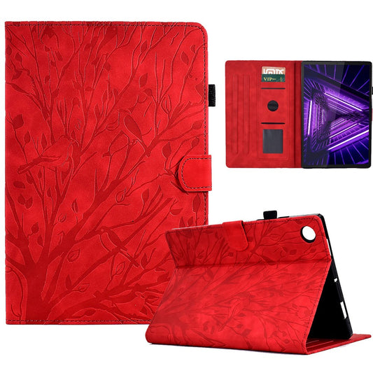 Shockproof Leather Cover for Lenovo Tab M10 Plus TB-X606F Tree Imprinted Tablet Case with Card Slot - Red
