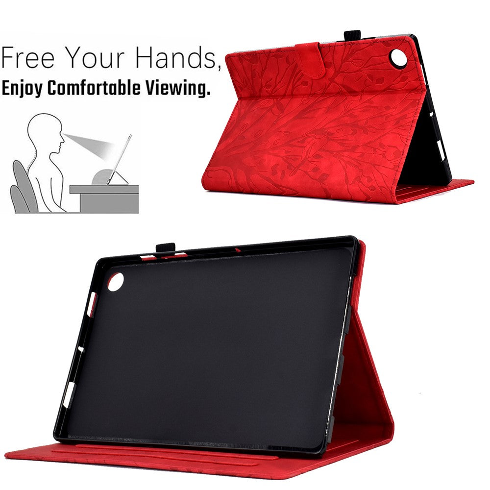 Shockproof Leather Cover for Lenovo Tab M10 Plus TB-X606F Tree Imprinted Tablet Case with Card Slot - Red