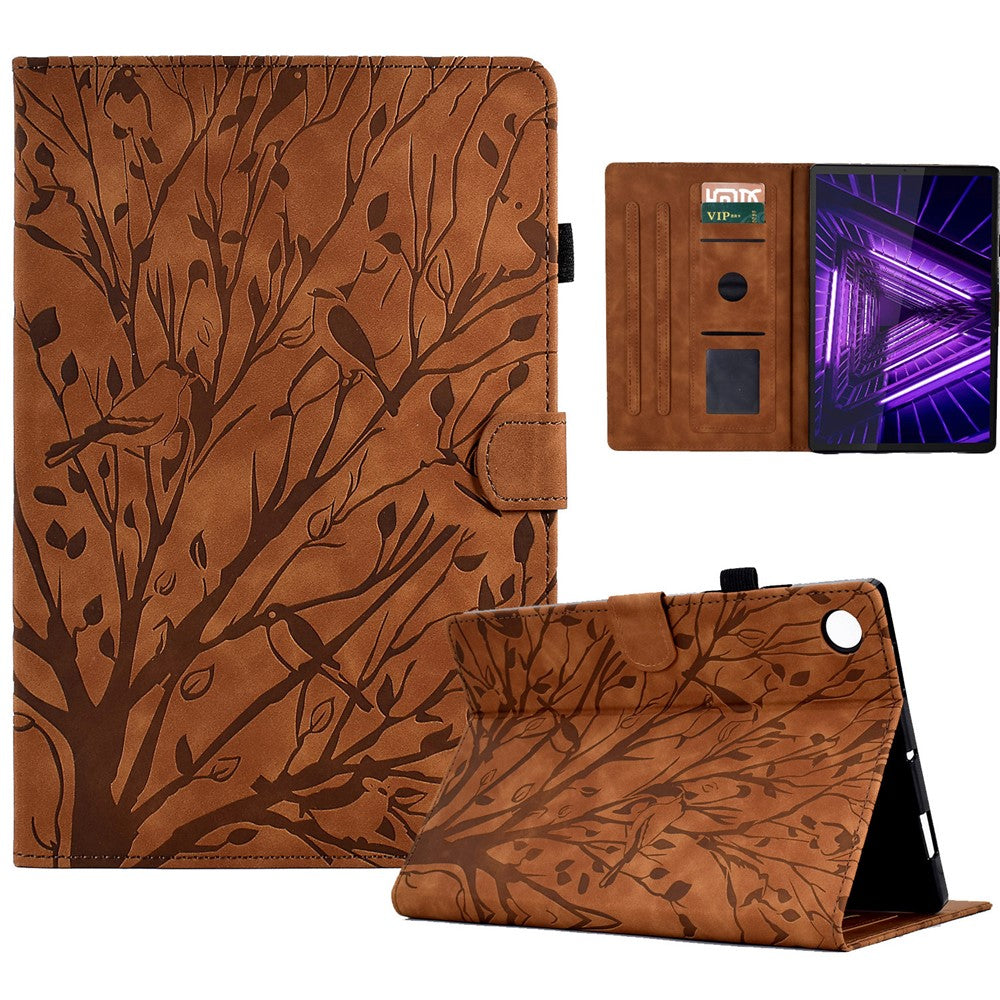 Shockproof Leather Cover for Lenovo Tab M10 Plus TB-X606F Tree Imprinted Tablet Case with Card Slot - Brown