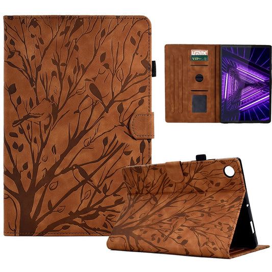 Shockproof Leather Cover for Lenovo Tab M10 Plus TB-X606F Tree Imprinted Tablet Case with Card Slot - Brown