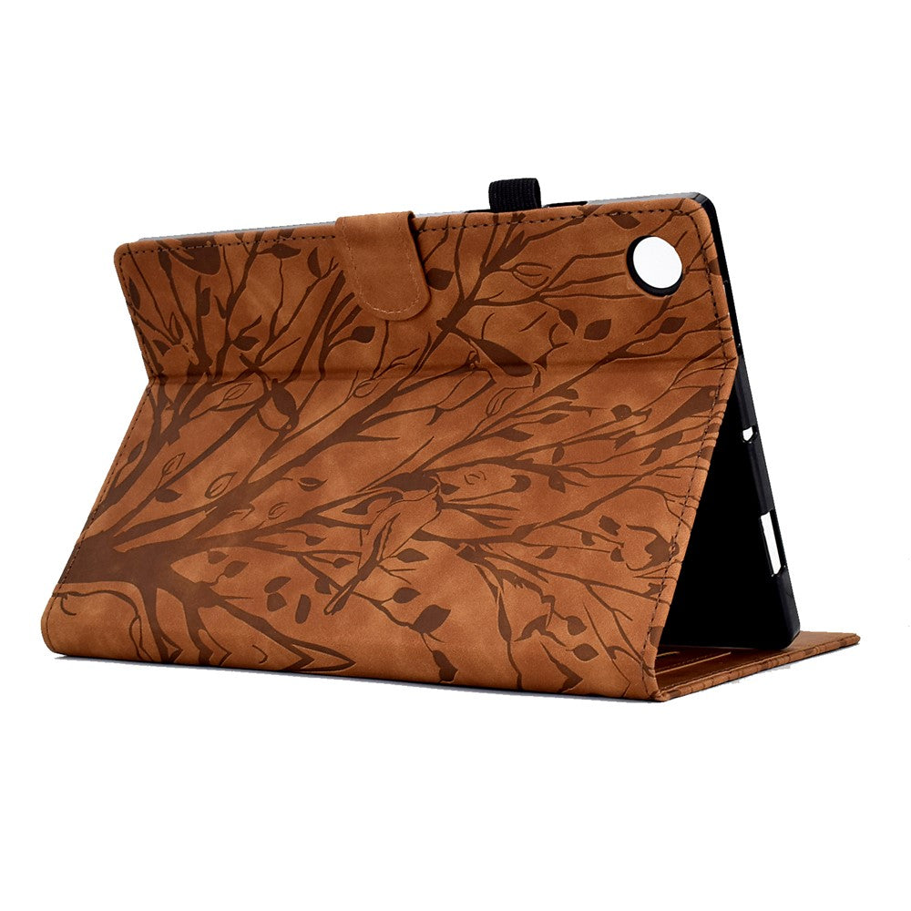 Shockproof Leather Cover for Lenovo Tab M10 Plus TB-X606F Tree Imprinted Tablet Case with Card Slot - Brown
