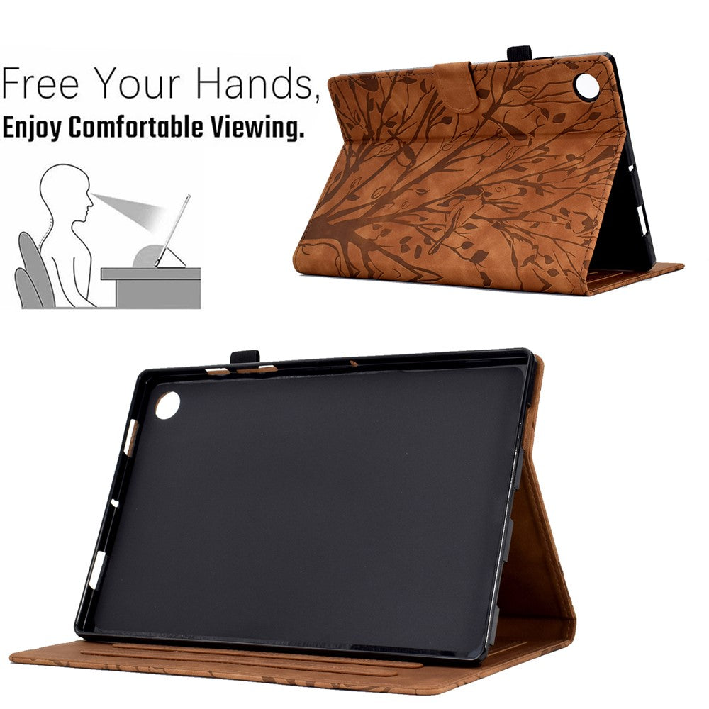 Shockproof Leather Cover for Lenovo Tab M10 Plus TB-X606F Tree Imprinted Tablet Case with Card Slot - Brown