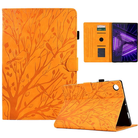 Shockproof Leather Cover for Lenovo Tab M10 Plus TB-X606F Tree Imprinted Tablet Case with Card Slot - Khaki