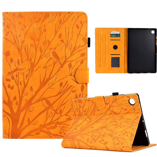 For Lenovo Tab M10 (Gen 3) Imprinted Tree Tablet Case PU Leather Card Holder Stand Cover - Khaki