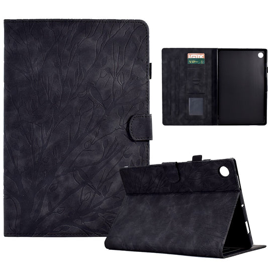 For Lenovo Tab M10 (Gen 3) Imprinted Tree Tablet Case PU Leather Card Holder Stand Cover - Black