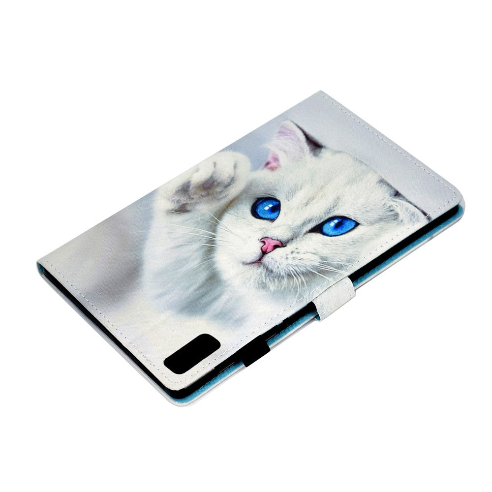 For Lenovo Tab M9 TB-310FU A1 Pattern Printing Folio Cover PU Leather Stand Card Slot Tablet Case - White Cat