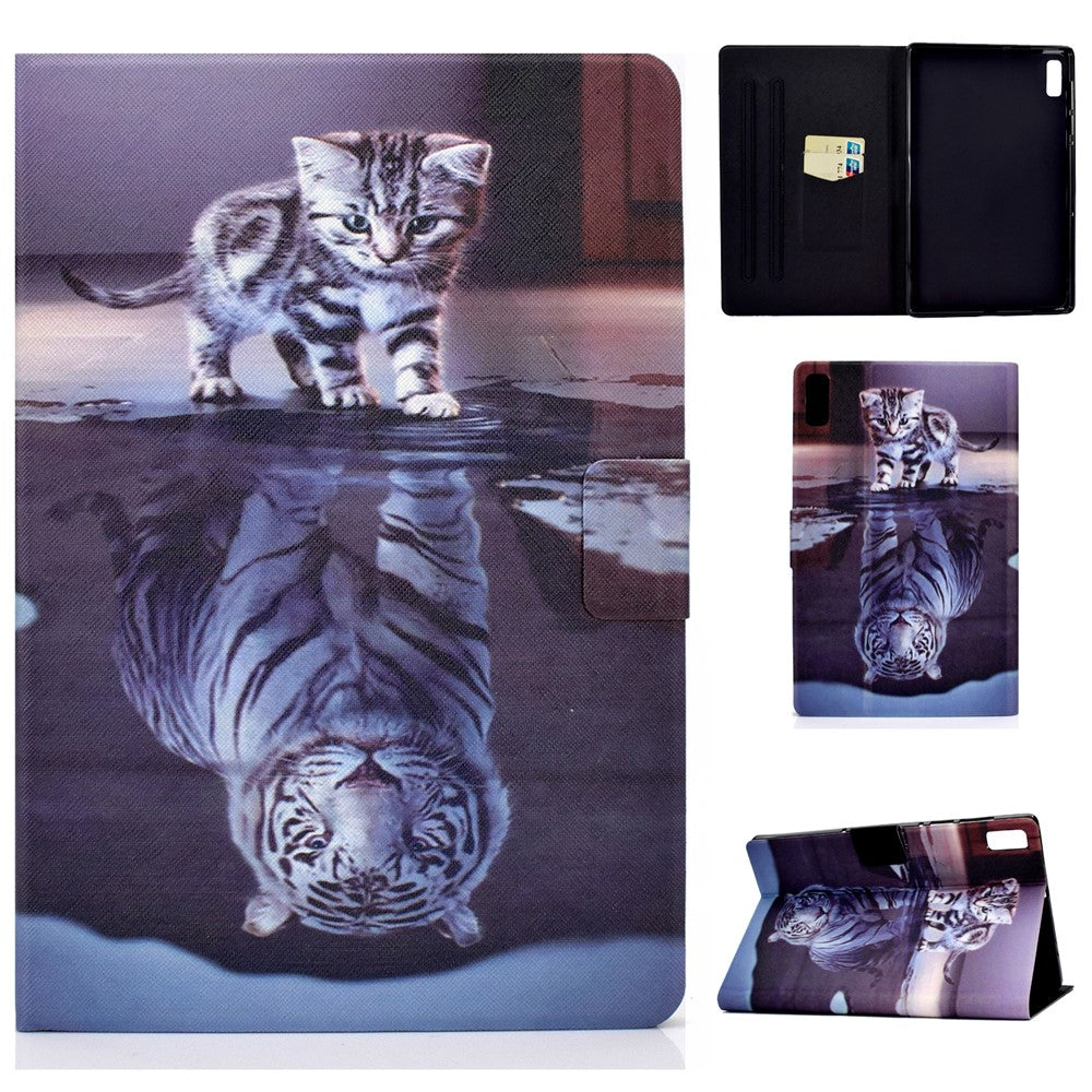 For Lenovo Tab M9 TB-310FU A3 Pattern Printing Stand Case PU Leather Card Slot Tablet Cover - Cat and Tiger