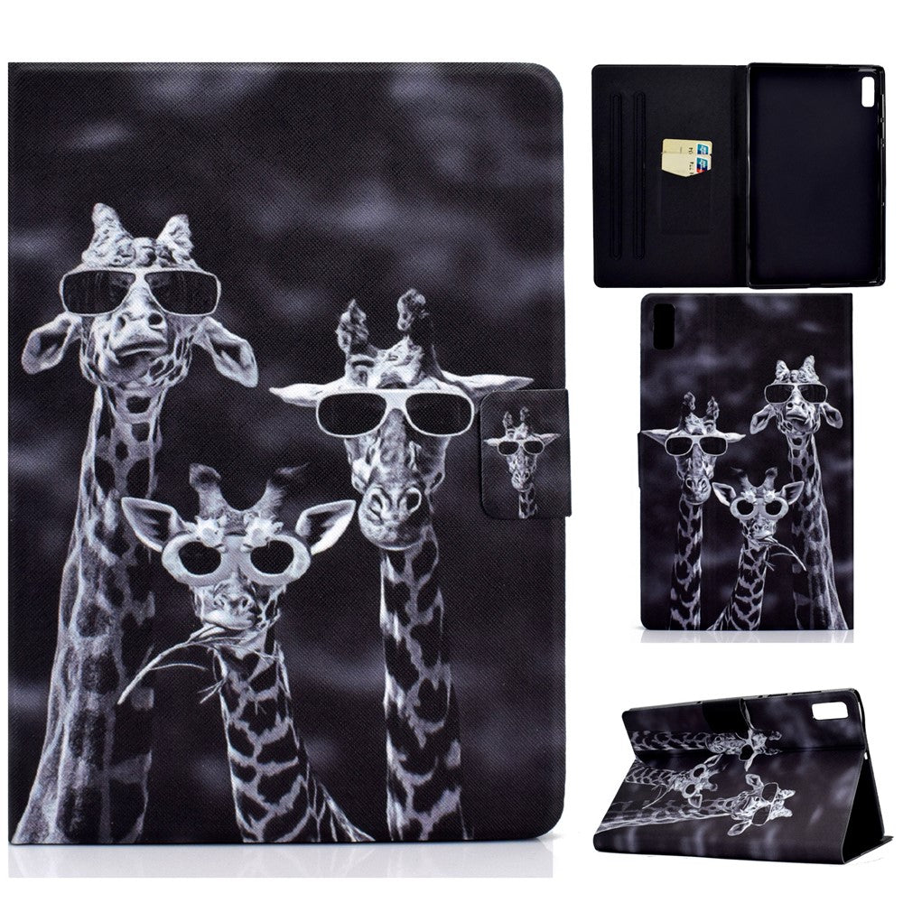 For Lenovo Tab M9 TB-310FU PU Leather Tablet Case A4 Pattern Printing Stand Card Holder Cover - Three Giraffes