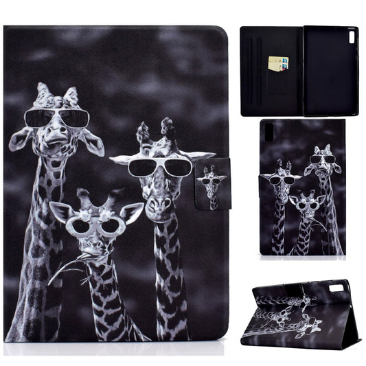 For Lenovo Tab M9 TB-310FU PU Leather Tablet Case A4 Pattern Printing Stand Card Holder Cover - Three Giraffes