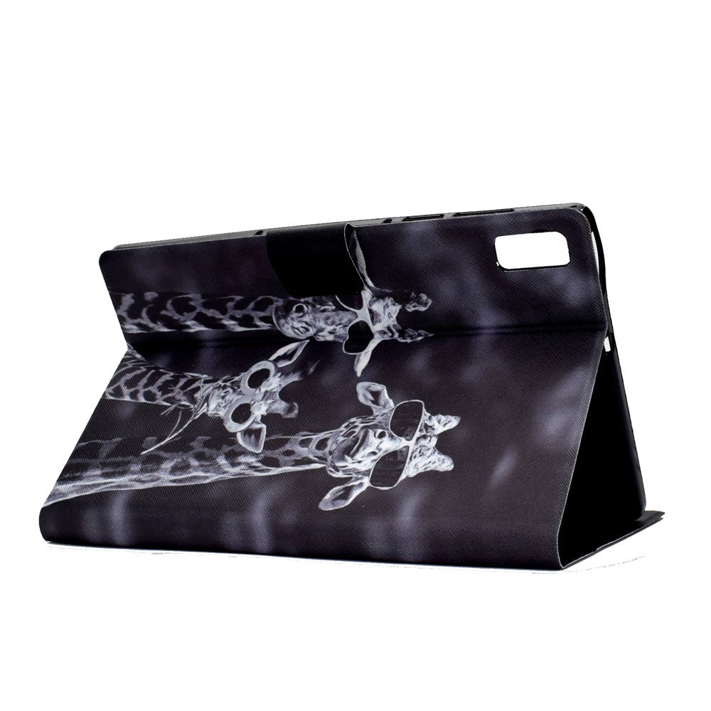 For Lenovo Tab M9 TB-310FU PU Leather Tablet Case A4 Pattern Printing Stand Card Holder Cover - Three Giraffes