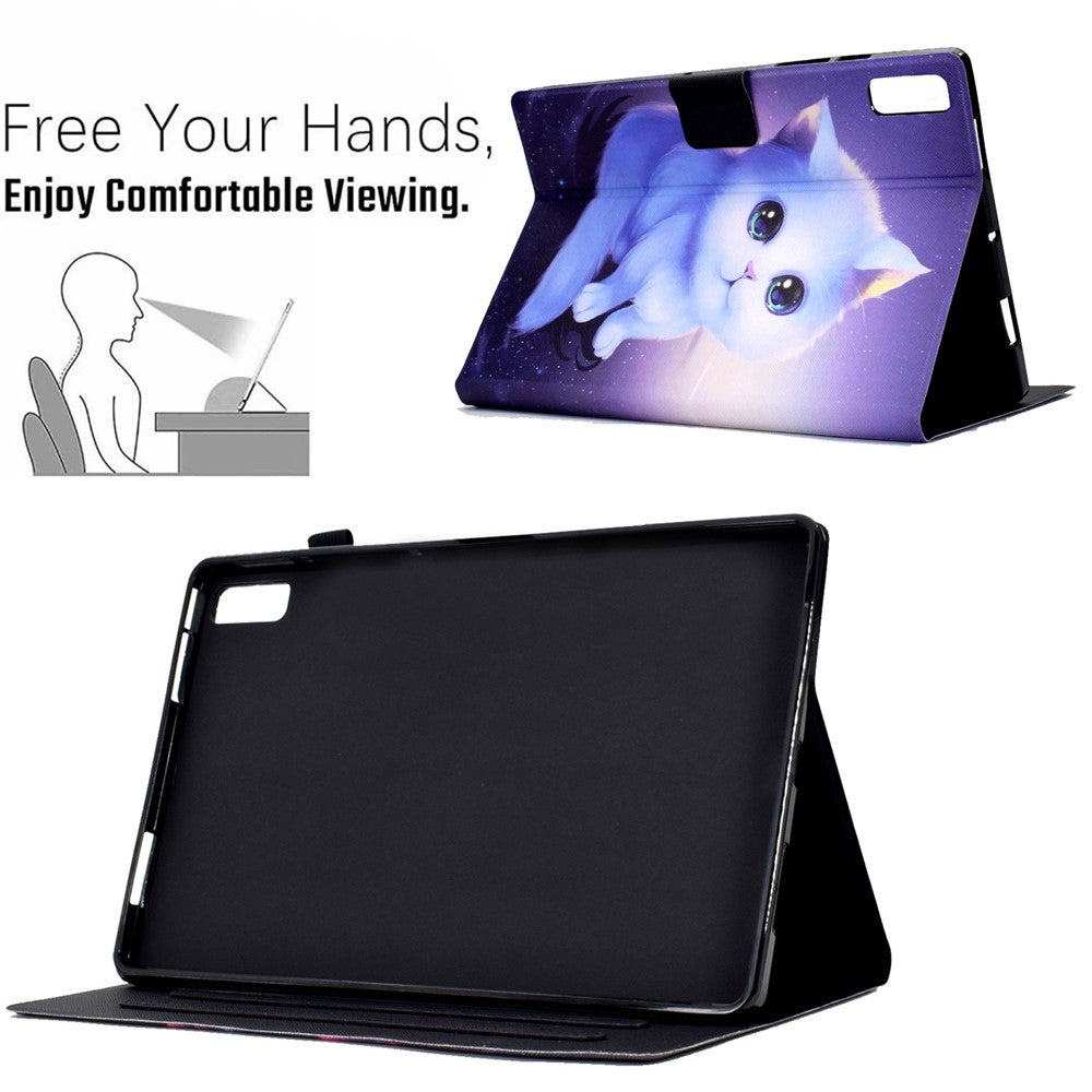 For Lenovo Tab P11 Gen 2 TB-350 Leather Stand Tablet Case A4 Pattern Printing Card Holder Protective Cover - Cat