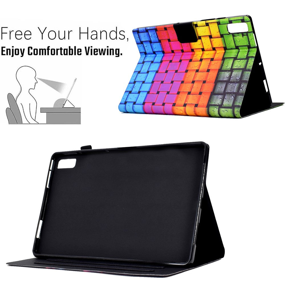 For Lenovo Tab P11 Gen 2 TB-350 Leather Stand Tablet Case A4 Pattern Printing Card Holder Protective Cover - Knitted Strip