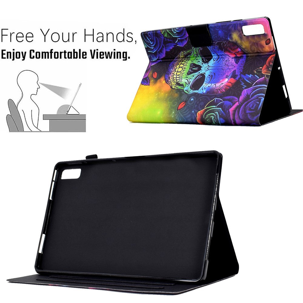 For Lenovo Tab P11 Gen 2 TB-350 Leather Stand Tablet Case A4 Pattern Printing Card Holder Protective Cover - Skull