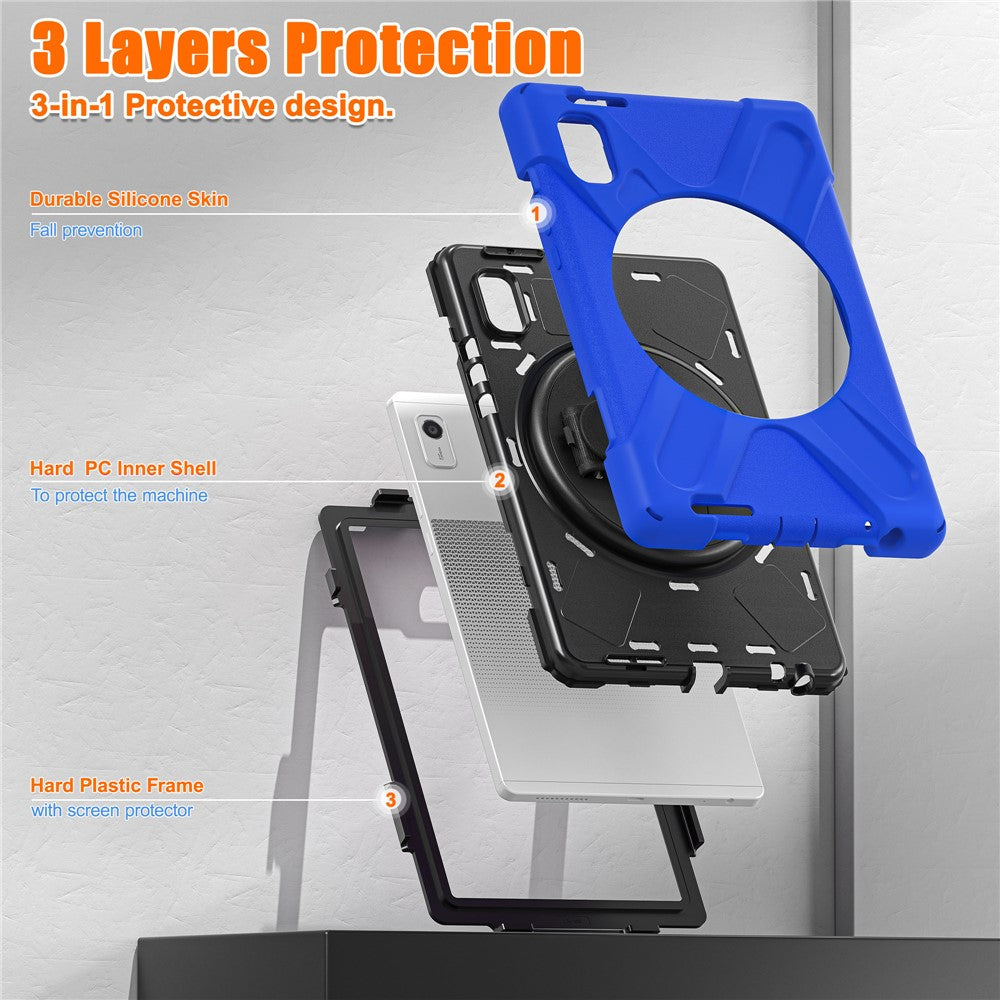 For Lenovo Tab M9 TB-310FU (2023) Tablet Case Kickstand PC+Silicone 360 Degree Rotation Tablet Cover with Hand Strap - Blue