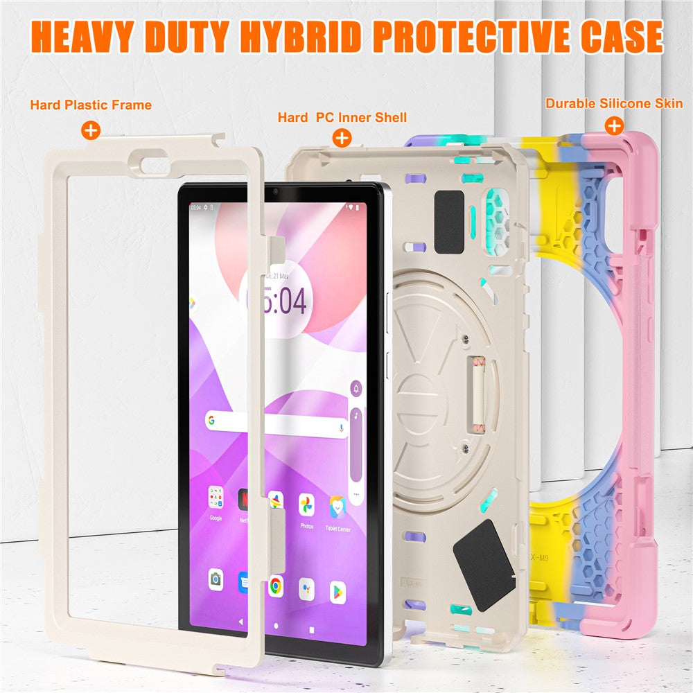 For Lenovo Tab M9 TB-310FU (2023) Tablet Case Kickstand PC+Silicone 360 Degree Rotation Tablet Cover with Hand Strap - Colorful Pink