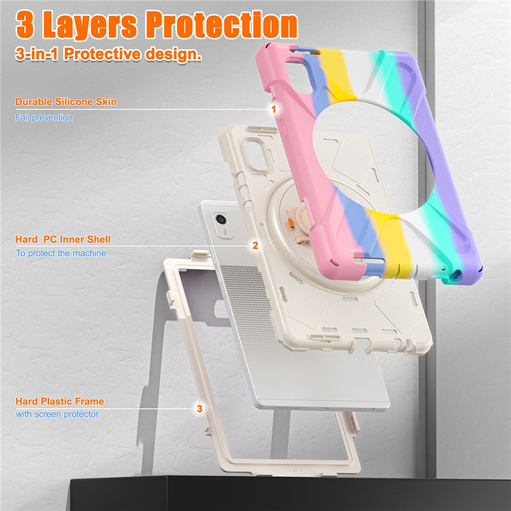 For Lenovo Tab M9 TB-310FU (2023) Tablet Case Kickstand PC+Silicone 360 Degree Rotation Tablet Cover with Hand Strap - Colorful Pink