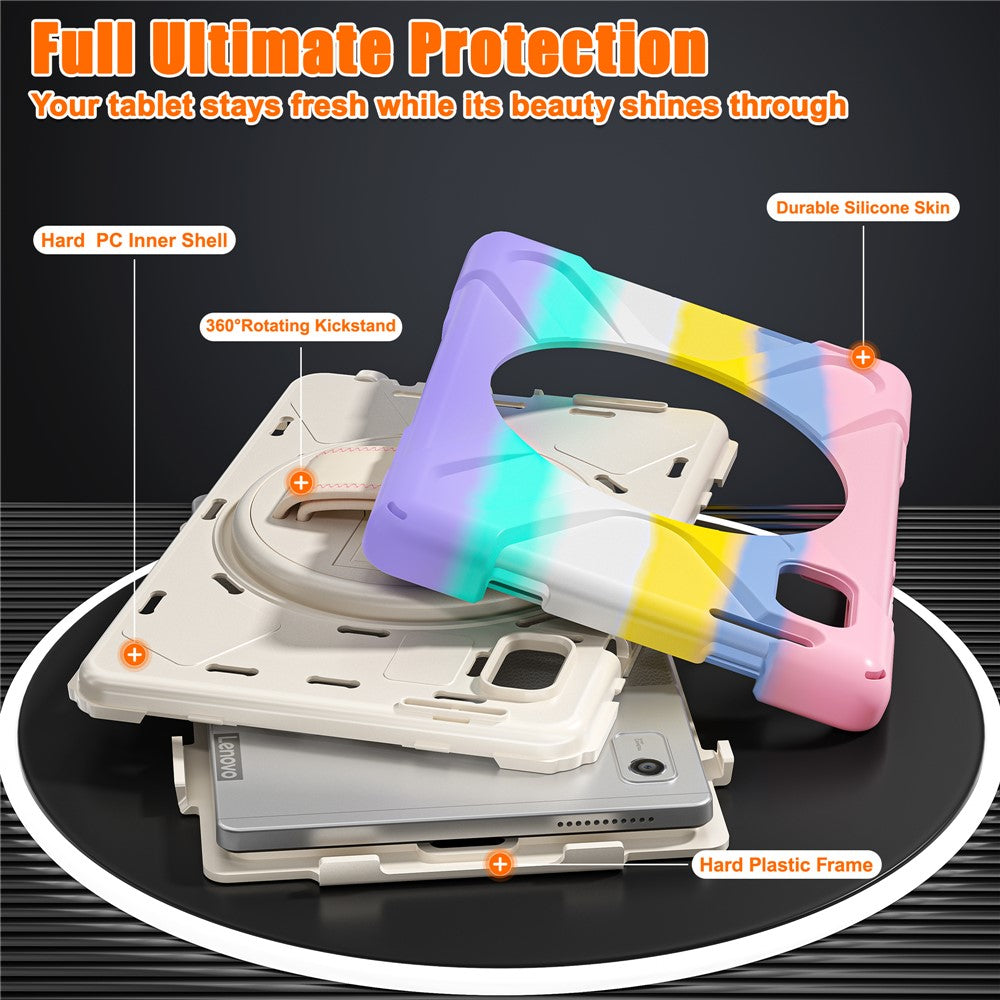 For Lenovo Tab M9 TB-310FU (2023) Tablet Case Kickstand PC+Silicone 360 Degree Rotation Tablet Cover with Hand Strap - Colorful Pink
