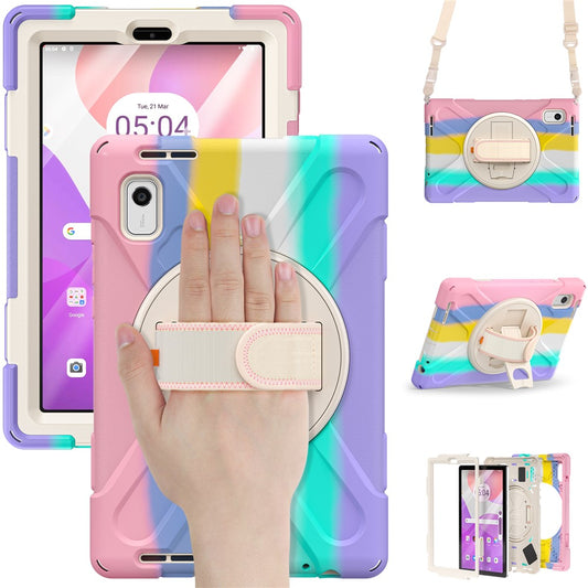 For Lenovo Tab M9 TB-310FU Kickstand Tablet Case PC+Silicone Protective Cover with Hand Strap / Shoulder Strap - Colorful Pink
