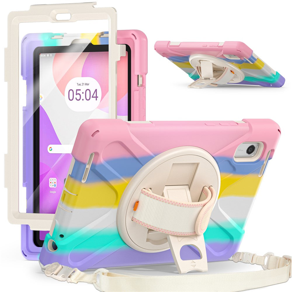 For Lenovo Tab M9 TB-310FU Kickstand Tablet Case PC+Silicone Protective Cover with Hand Strap / Shoulder Strap - Colorful Pink