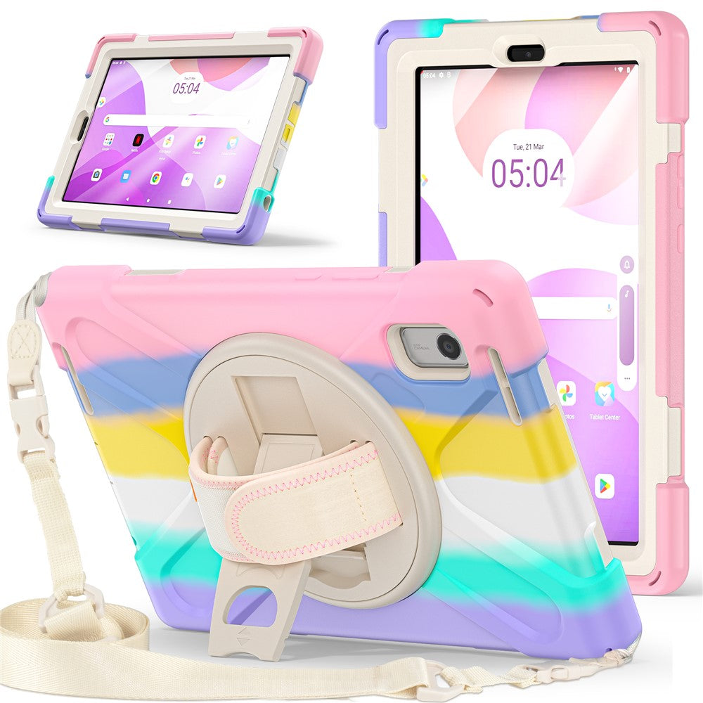 For Lenovo Tab M9 TB-310FU Kickstand Tablet Case PC+Silicone Protective Cover with Hand Strap / Shoulder Strap - Colorful Pink