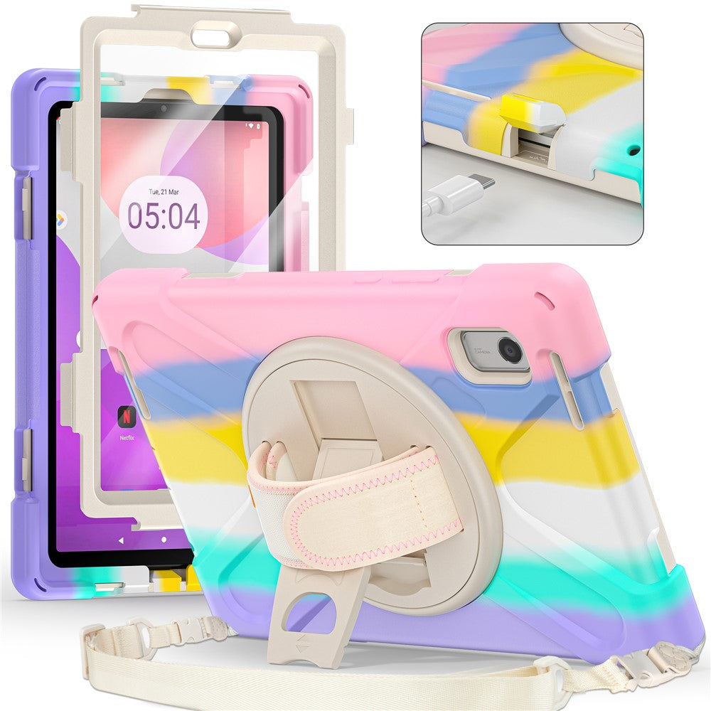 For Lenovo Tab M9 TB-310FU Kickstand Tablet Case PC+Silicone Protective Cover with Hand Strap / Shoulder Strap - Colorful Pink