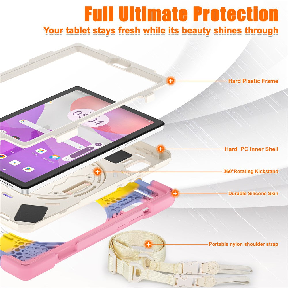 For Lenovo Tab M9 TB-310FU Kickstand Tablet Case PC+Silicone Protective Cover with Hand Strap / Shoulder Strap - Colorful Pink