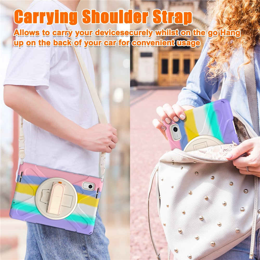 For Lenovo Tab M9 TB-310FU Kickstand Tablet Case PC+Silicone Protective Cover with Hand Strap / Shoulder Strap - Colorful Pink