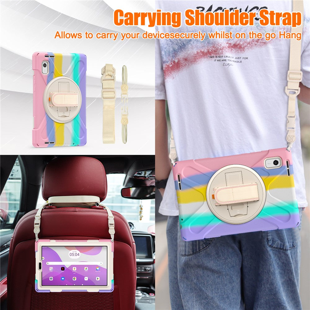 For Lenovo Tab M9 TB-310FU Kickstand Tablet Case PC+Silicone Protective Cover with Hand Strap / Shoulder Strap - Colorful Pink