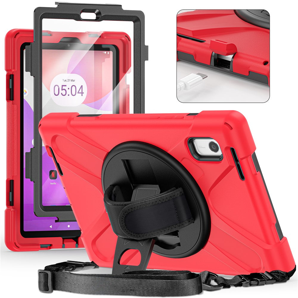 For Lenovo Tab M9 TB-310FU Kickstand Tablet Case PC+Silicone Protective Cover with Hand Strap / Shoulder Strap - Red